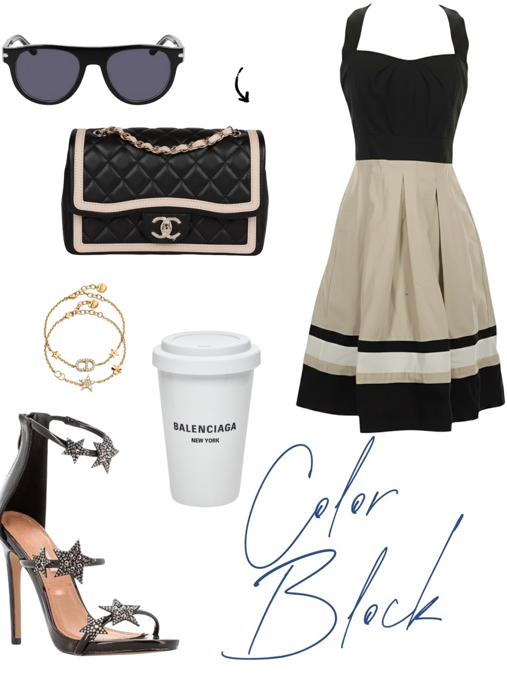White House Black Market Black and Beige Colorblock Midi Dress